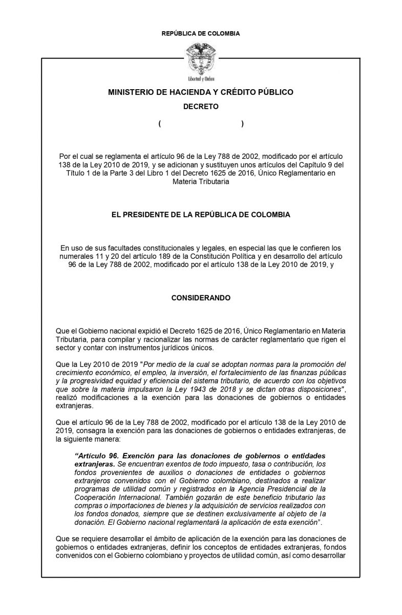 Proyecto de Decreto: exención donaciones de gobiernos extranjeros o entidades extranjeras